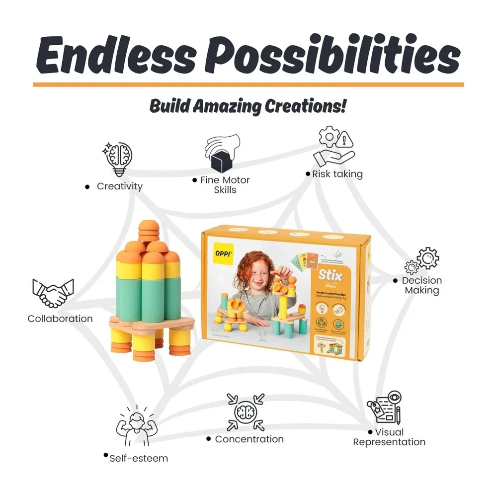 OPPI Stix 60 Pcs Open-Ended Building Toy Creative STEM Educational Set New